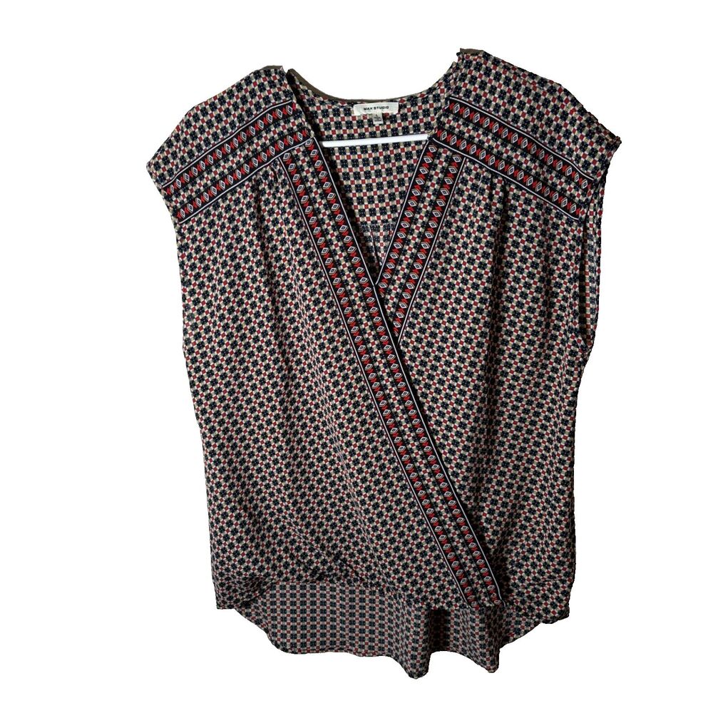 Max Studio Blouse Women's Large V-Neck Wrap Cap Sleeve Printed Career Shirt